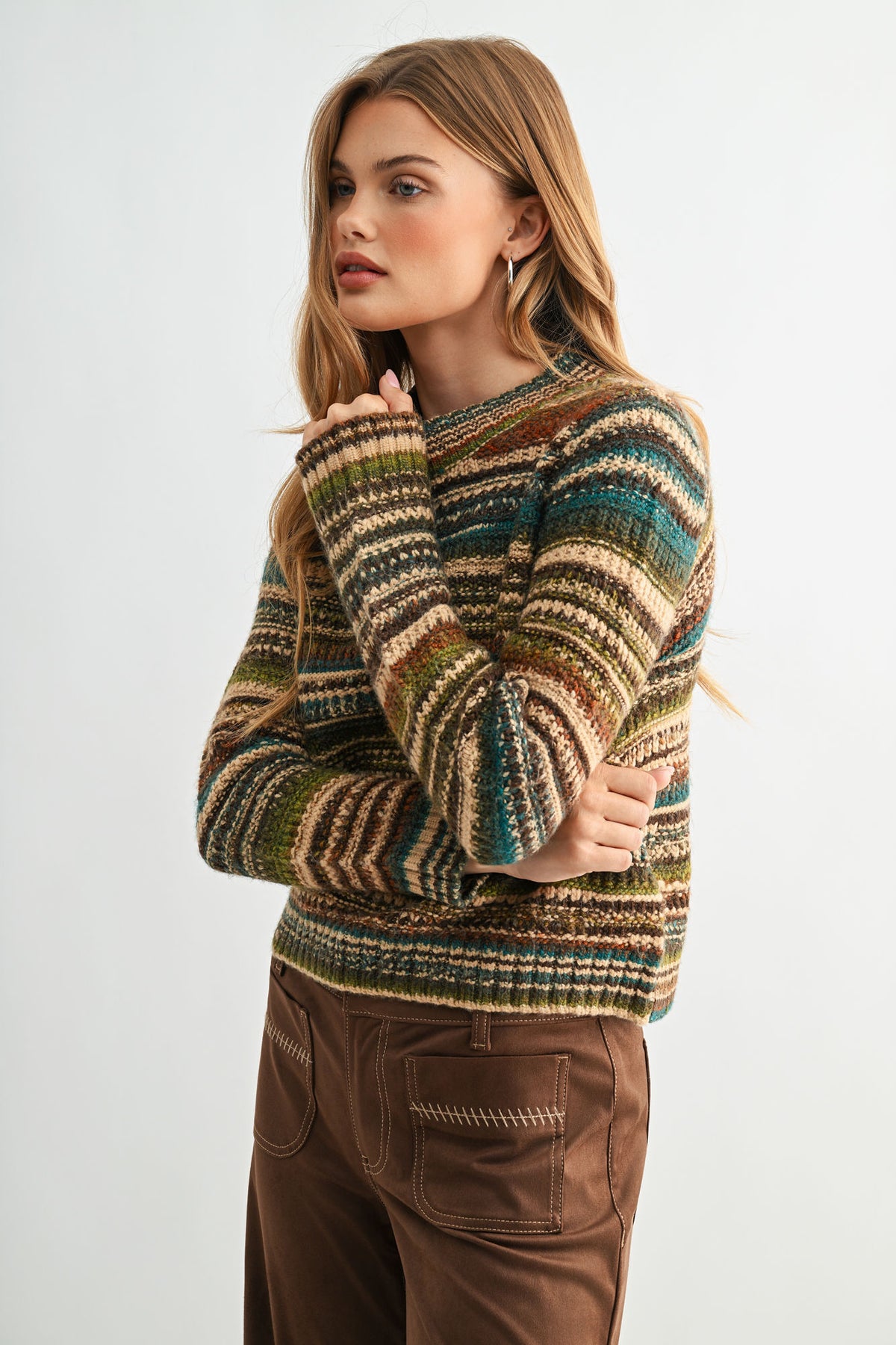 Brown Multi Stripes Plus- Size Long Sleeve Striped Sweater