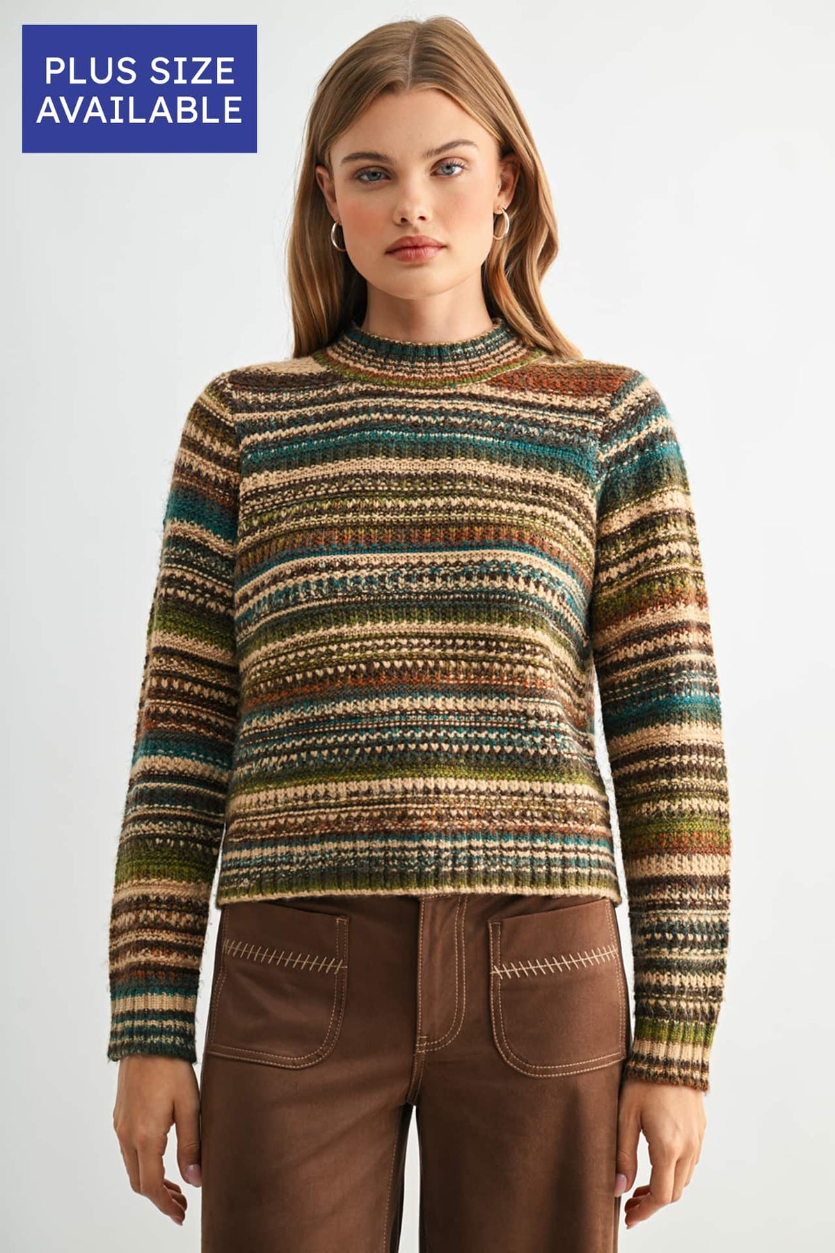 Brown Multi Stripes Plus- Size Long Sleeve Striped Sweater