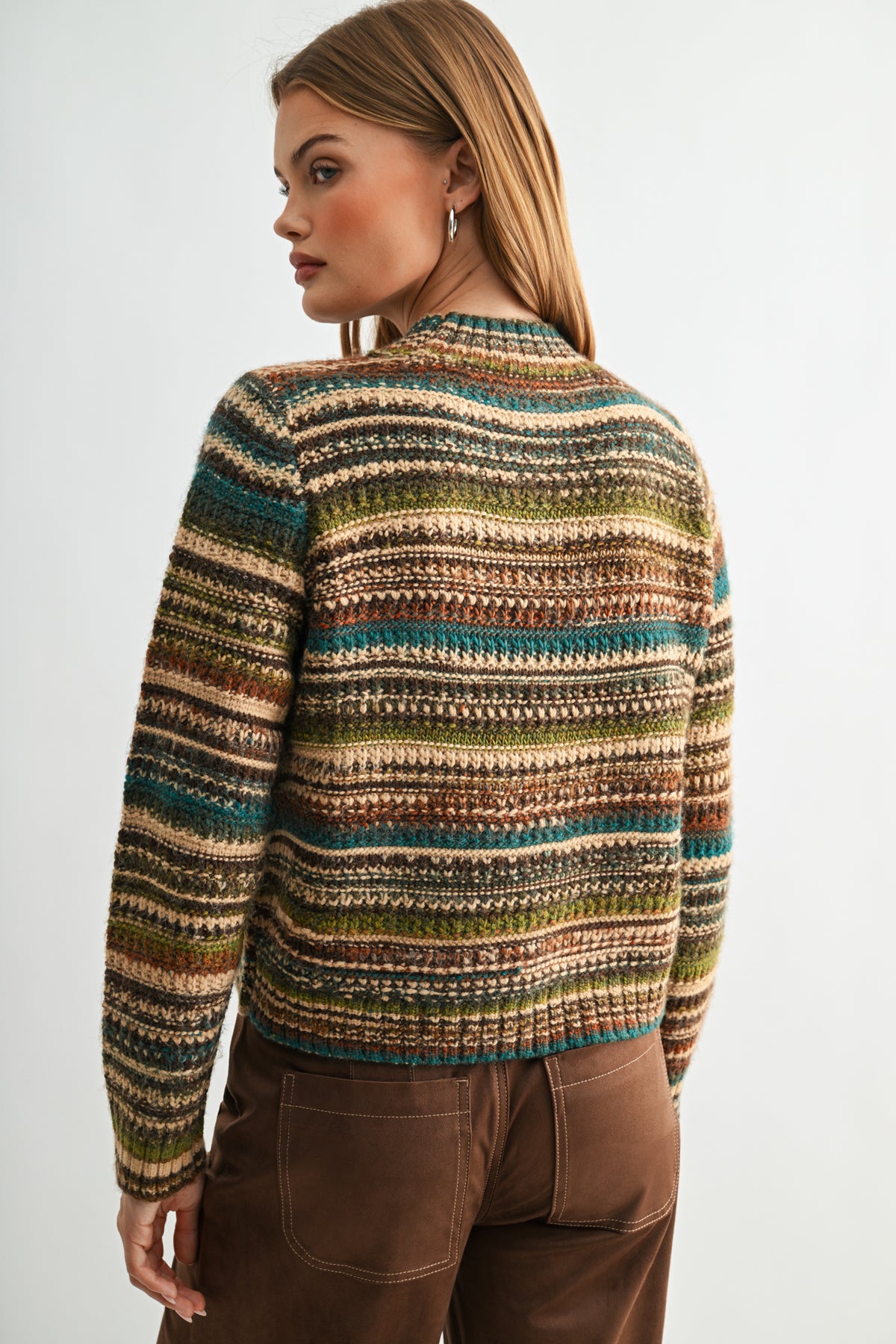 Brown Multi Stripes Plus- Size Long Sleeve Striped Sweater