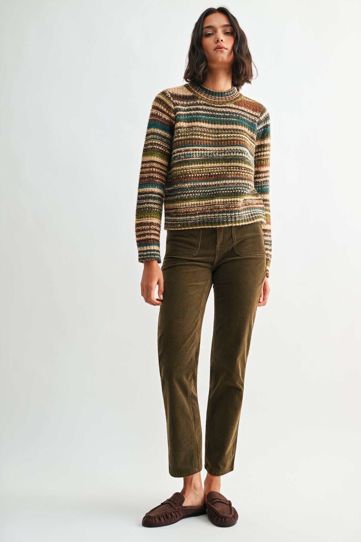 Brown Multi Stripes Petite Long Sleeve Striped Sweater