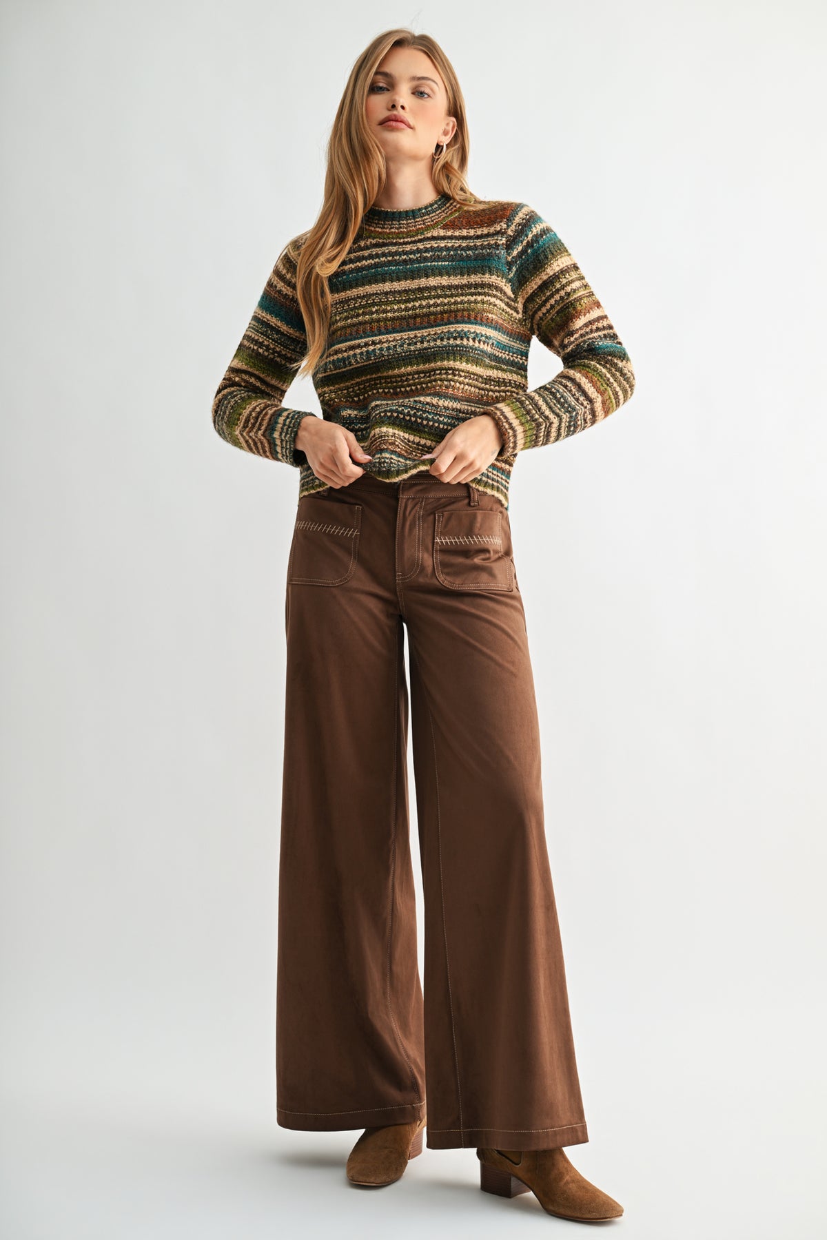 Brown Multi Stripes Plus- Size Long Sleeve Striped Sweater