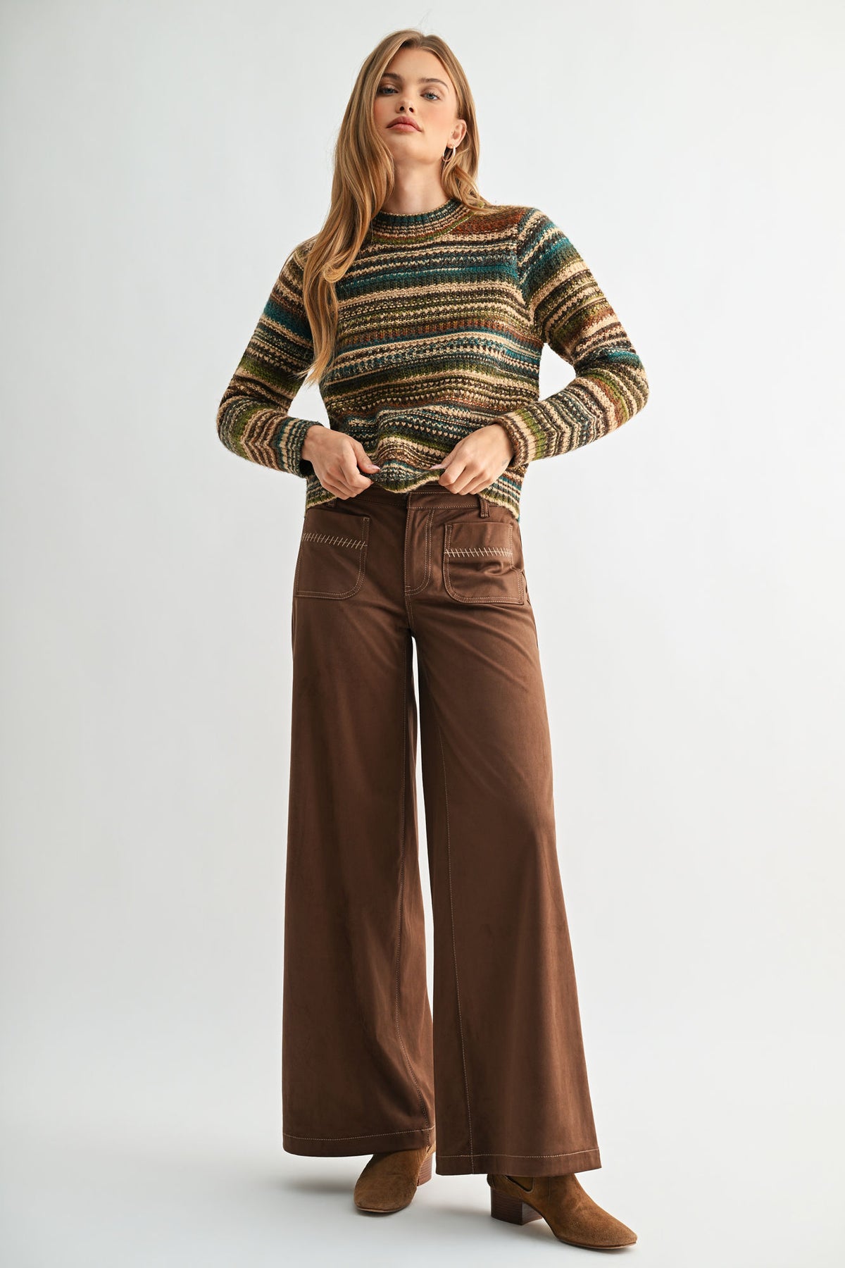 Brown Multi Stripes Plus- Size Long Sleeve Striped Sweater