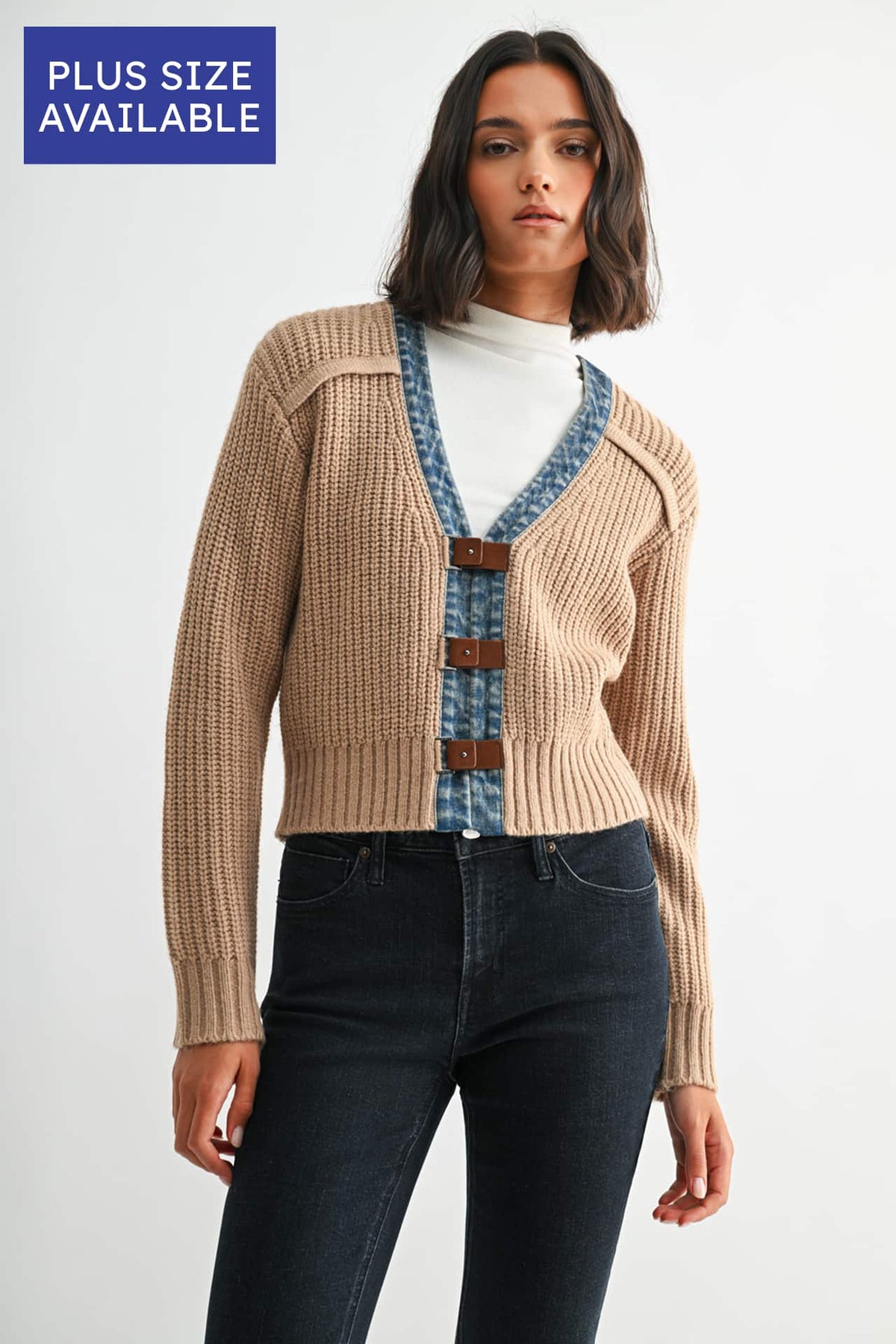 Tan Plus-Size Long Sleeve Cropped Cardigan