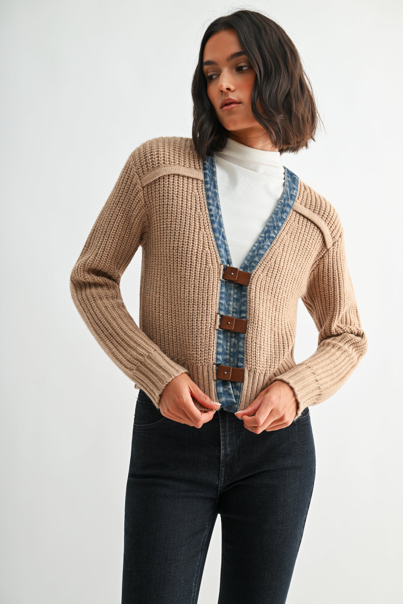 Tan Petite Long Sleeve Cropped Cardigan