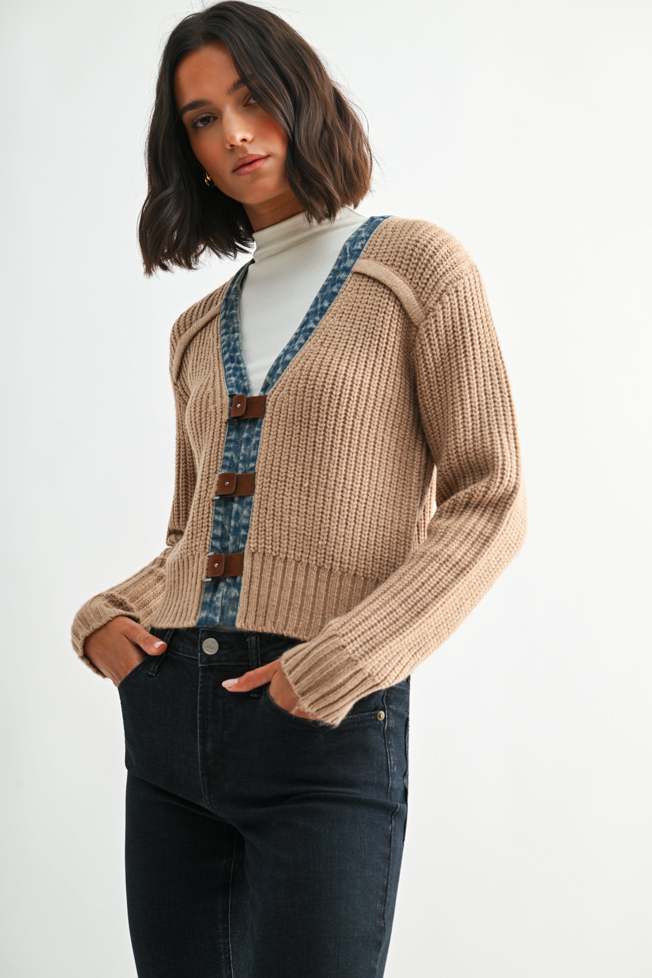 Tan Petite Long Sleeve Cropped Cardigan