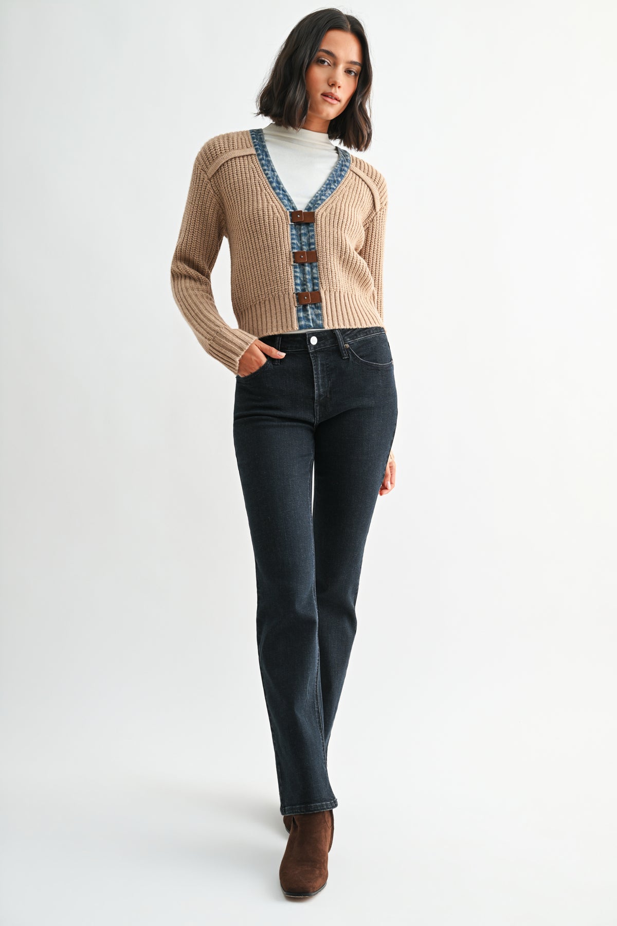 Tan Plus-Size Long Sleeve Cropped Cardigan