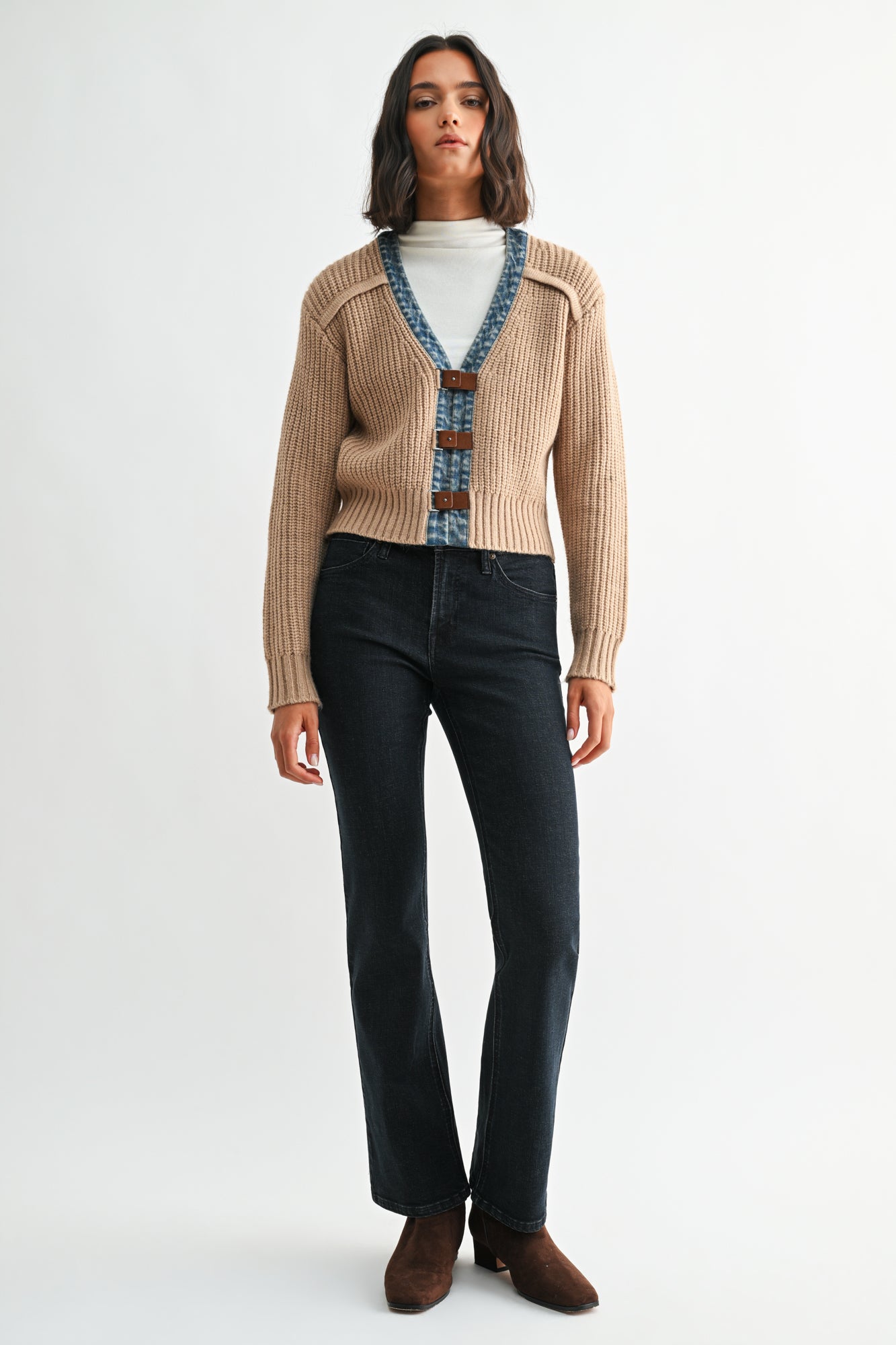 Tan Petite Long Sleeve Cropped Cardigan