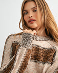 Brown Stripe Plus-Size Long Sleeve Mixed Stripe Sweater