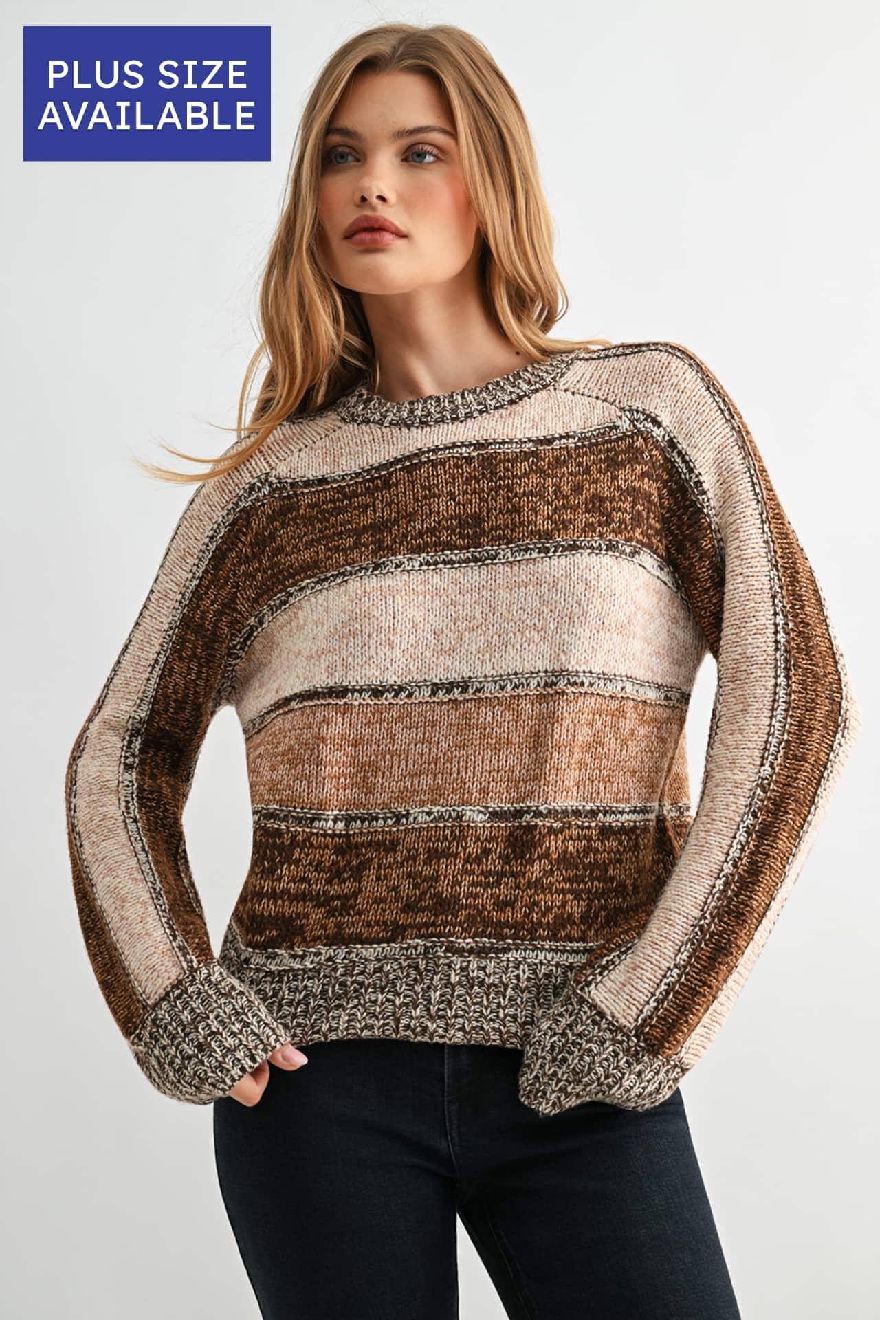 Brown Stripe Plus-Size Long Sleeve Mixed Stripe Sweater