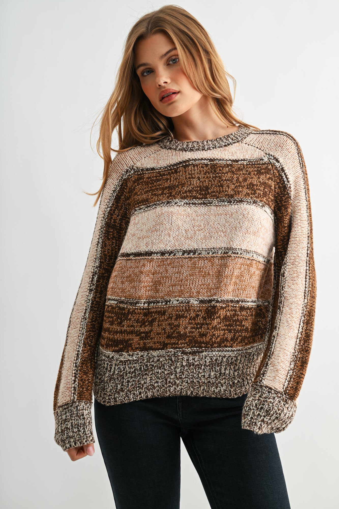 Brown Stripe Petite Long Sleeve Mixed Stripe Sweater