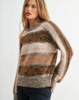 Brown Stripe Petite Long Sleeve Mixed Stripe Sweater