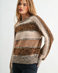 Brown Stripe Plus-Size Long Sleeve Mixed Stripe Sweater