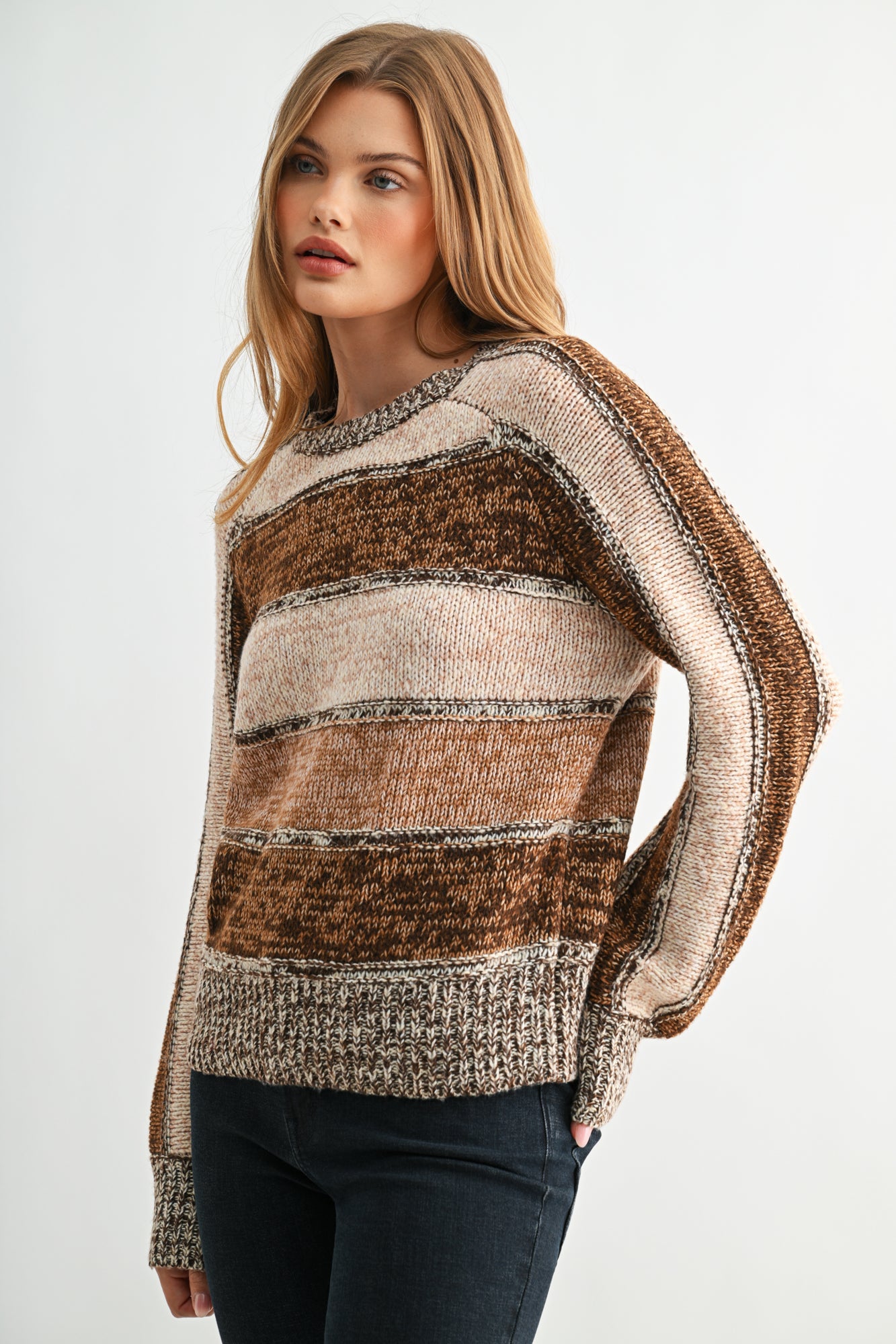 Brown Stripe Plus-Size Long Sleeve Mixed Stripe Sweater