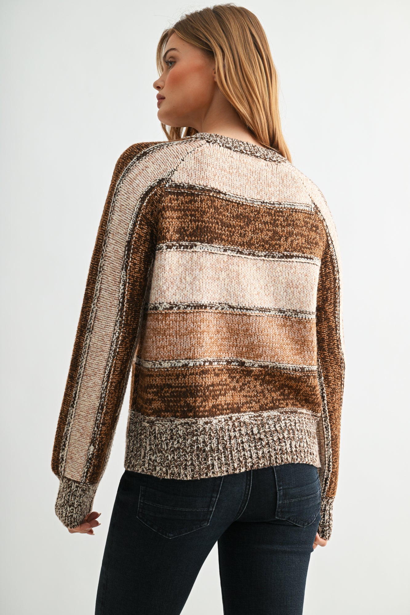 Brown Stripe Plus-Size Long Sleeve Mixed Stripe Sweater