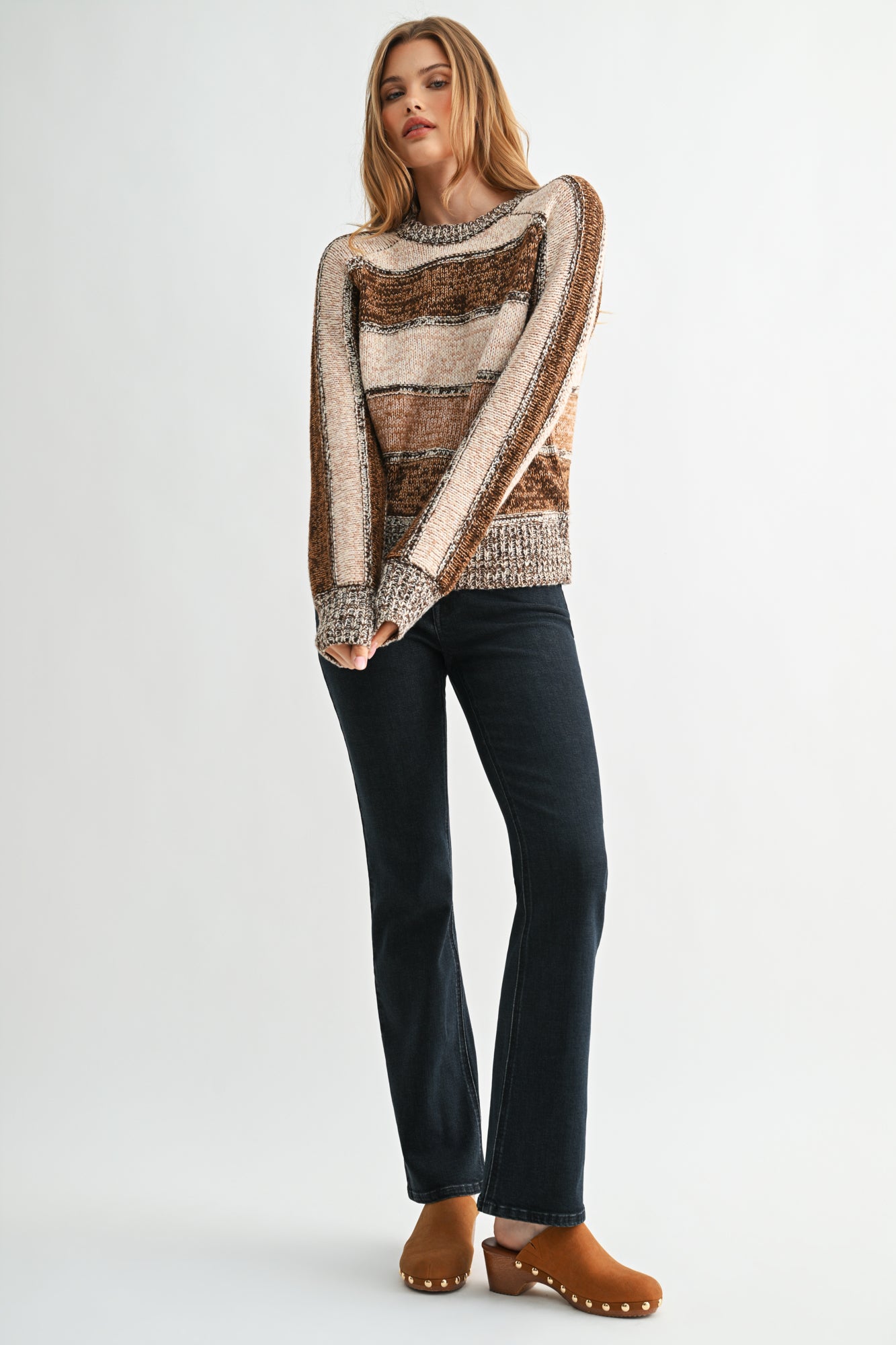 Brown Stripe Petite Long Sleeve Mixed Stripe Sweater