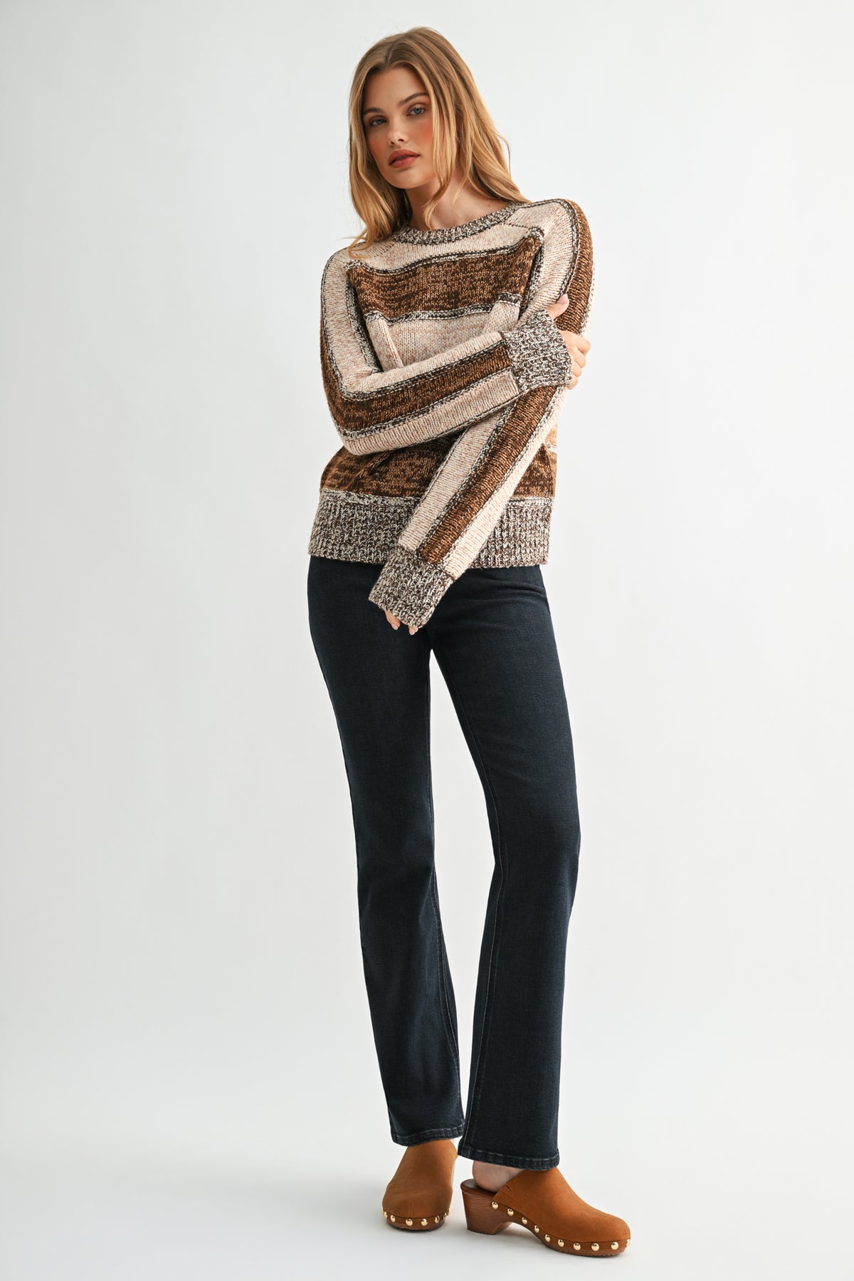 Brown Stripe Long Sleeve Mixed Stripe Sweater