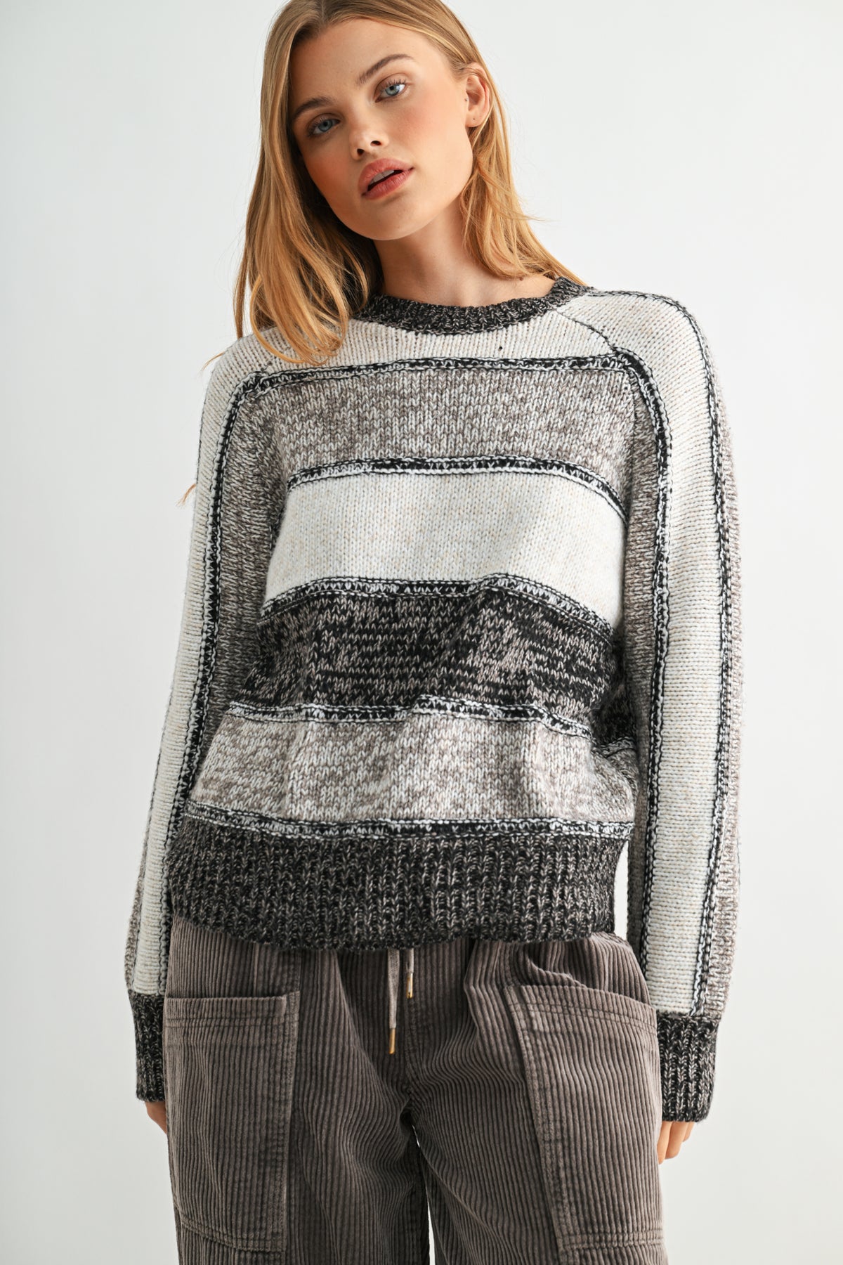 Taupe Stripe Long Sleeve Mixed Stripe Sweater
