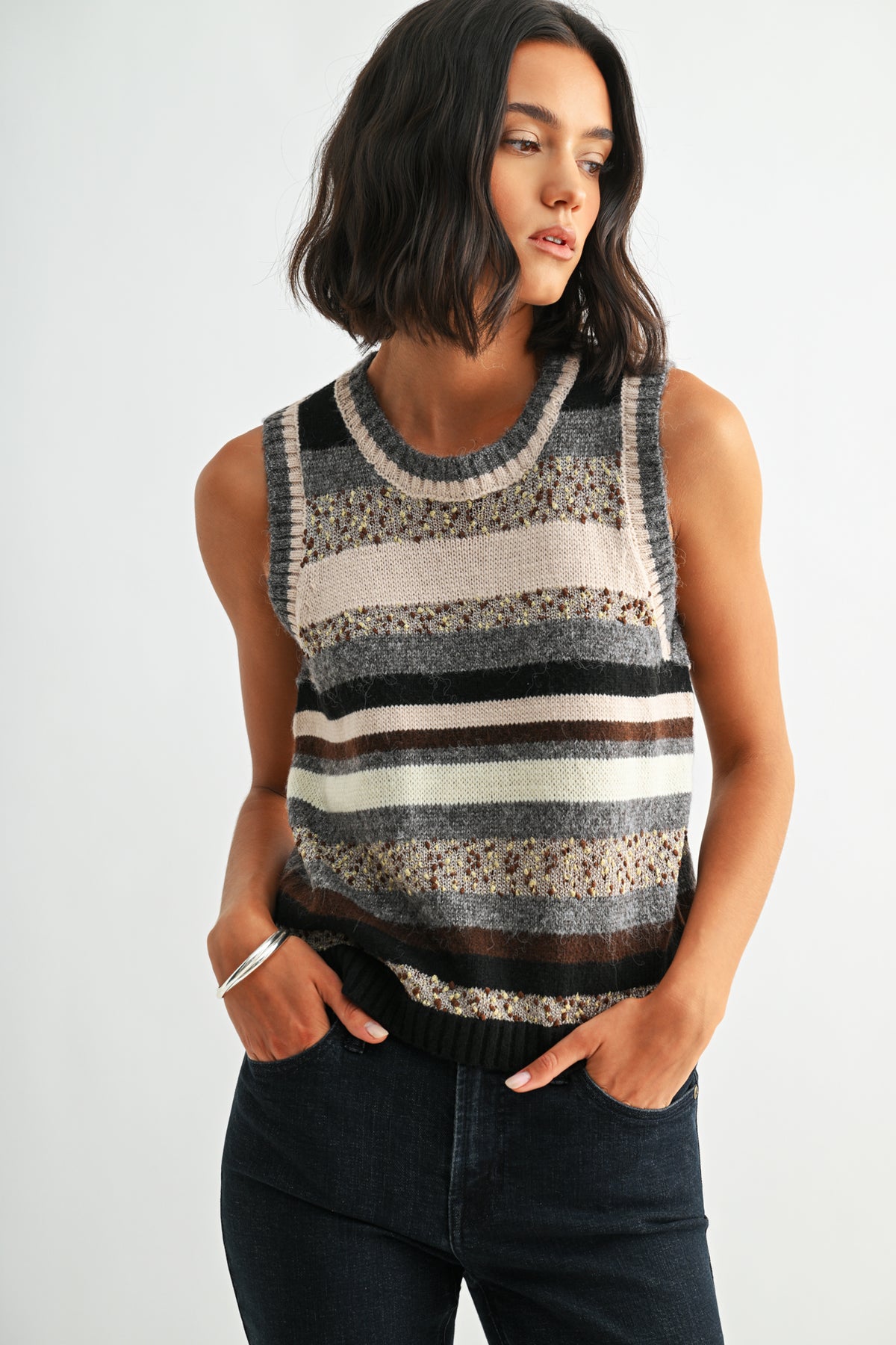 Natural Multi Sleeveless Striped Sweater Vest