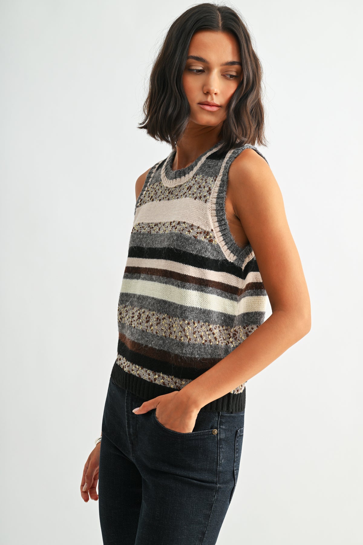 Natural Multi Sleeveless Striped Sweater Vest