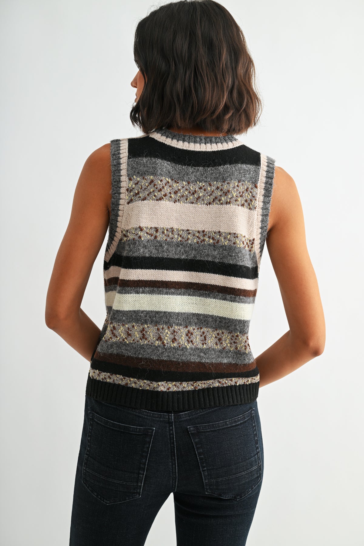 Natural Multi Sleeveless Striped Sweater Vest