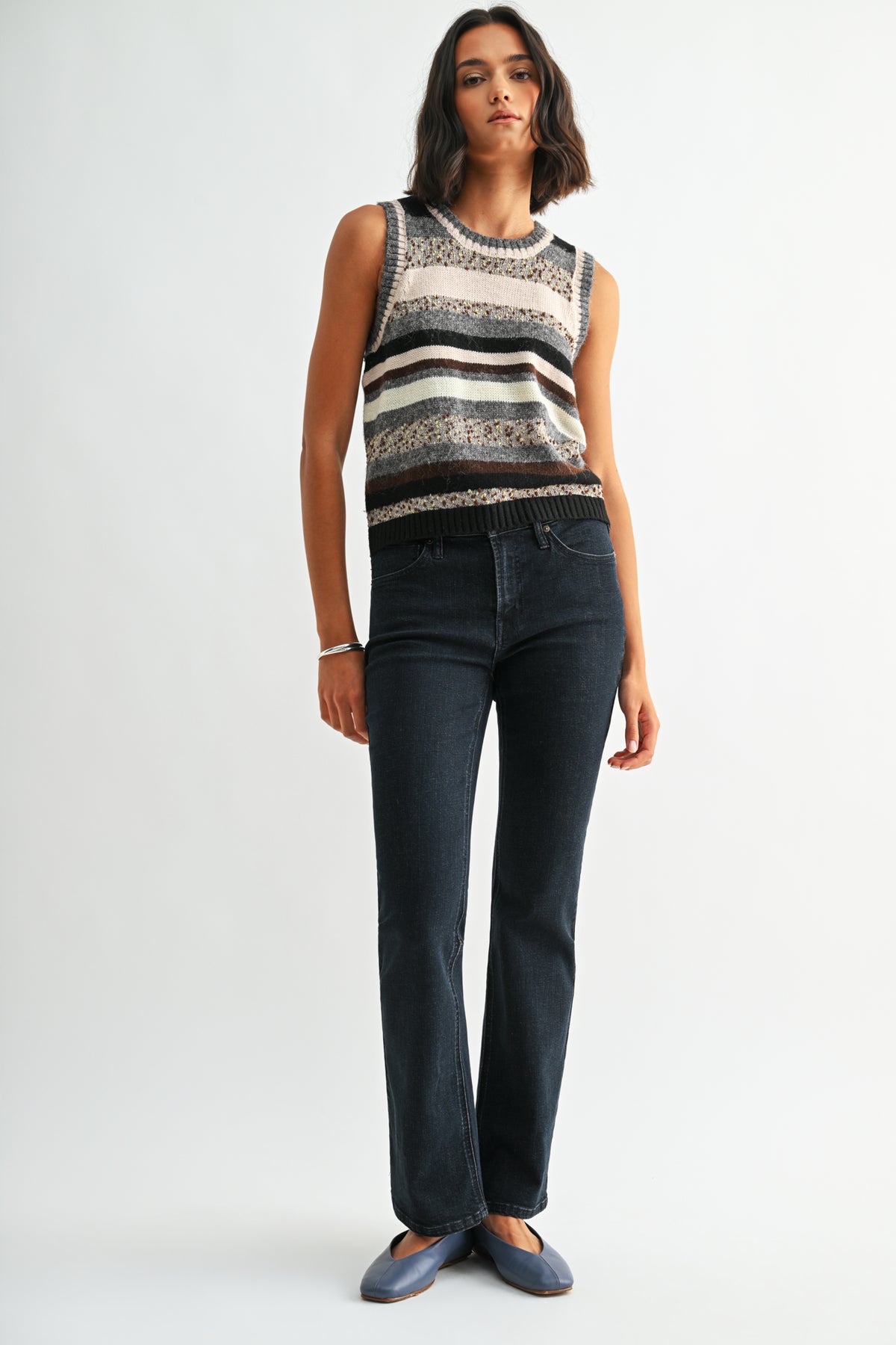 Natural Multi Sleeveless Striped Sweater Vest