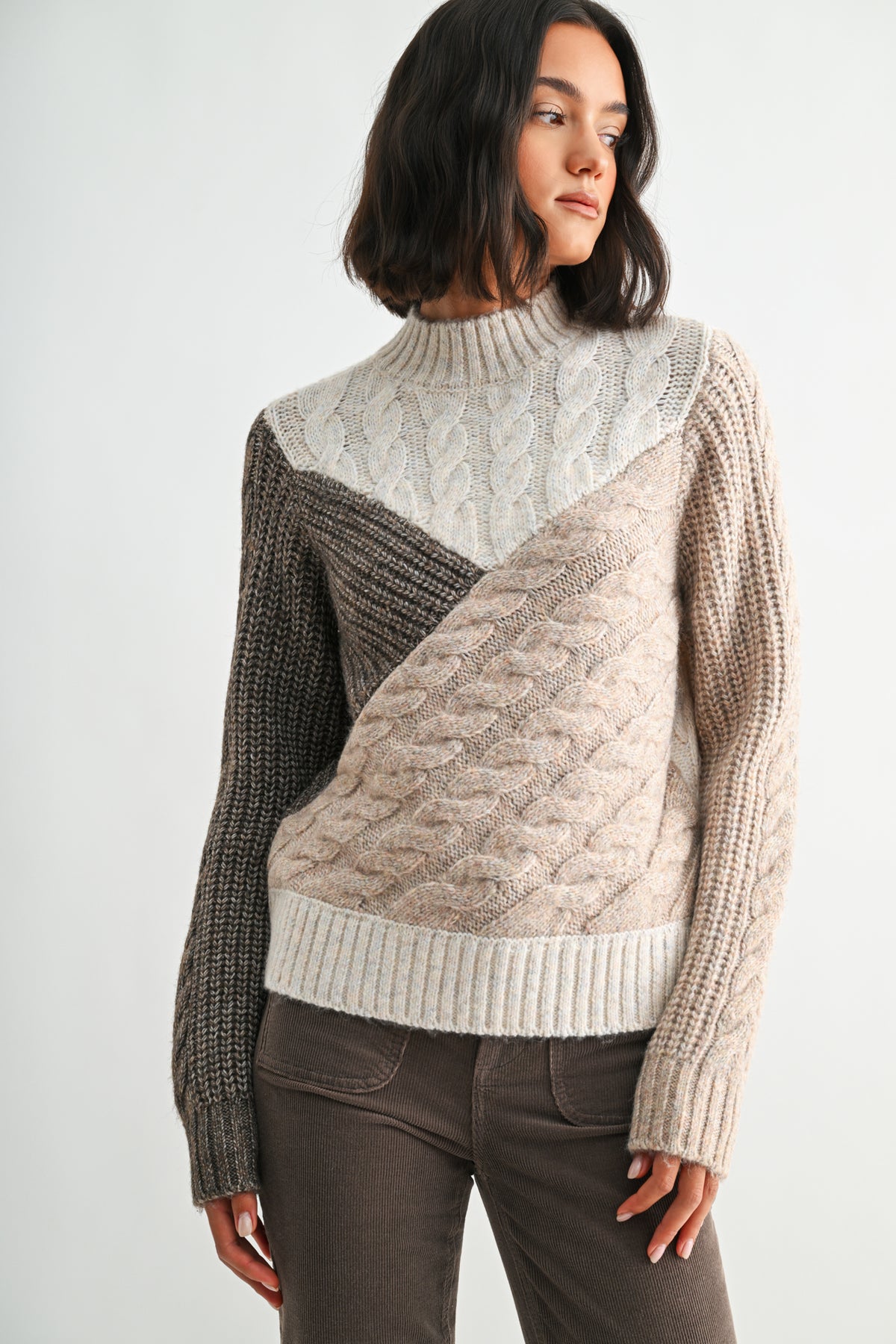 Taupe Multi Long Sleeve Patchwork Cable Sweater