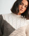 Taupe Multi Long Sleeve Patchwork Cable Sweater