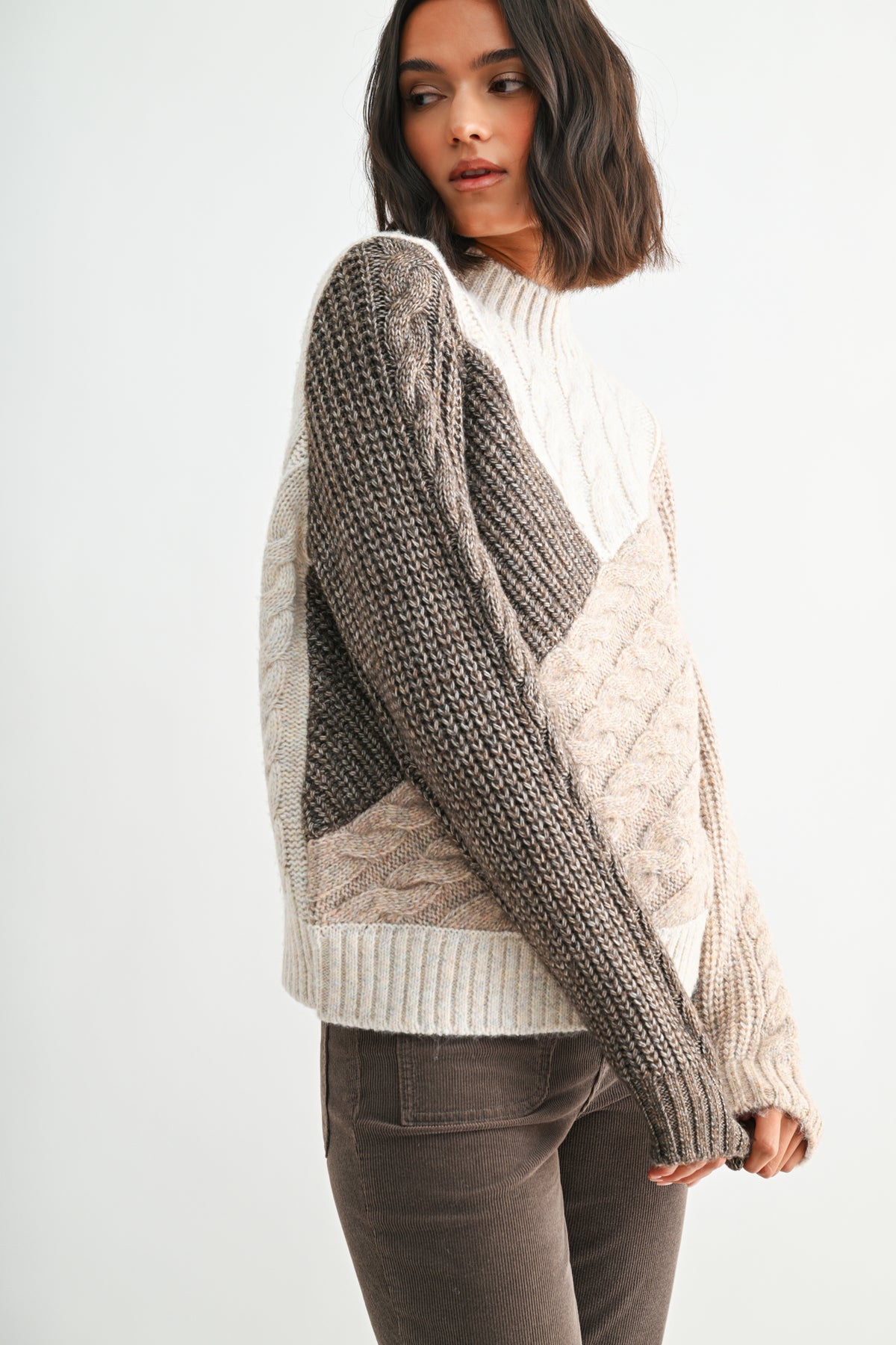 Taupe Multi Long Sleeve Patchwork Cable Sweater