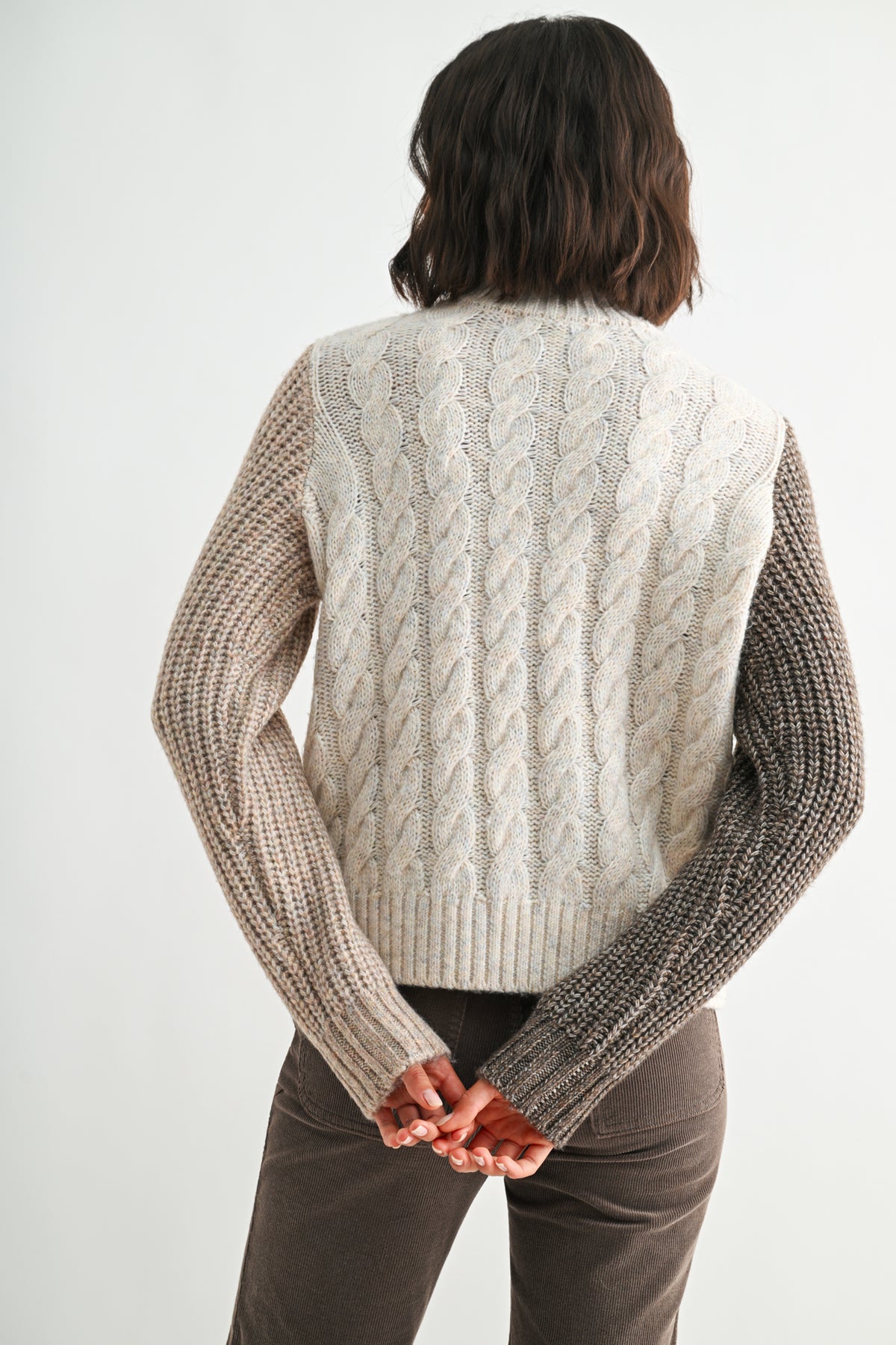 Taupe Multi Long Sleeve Patchwork Cable Sweater