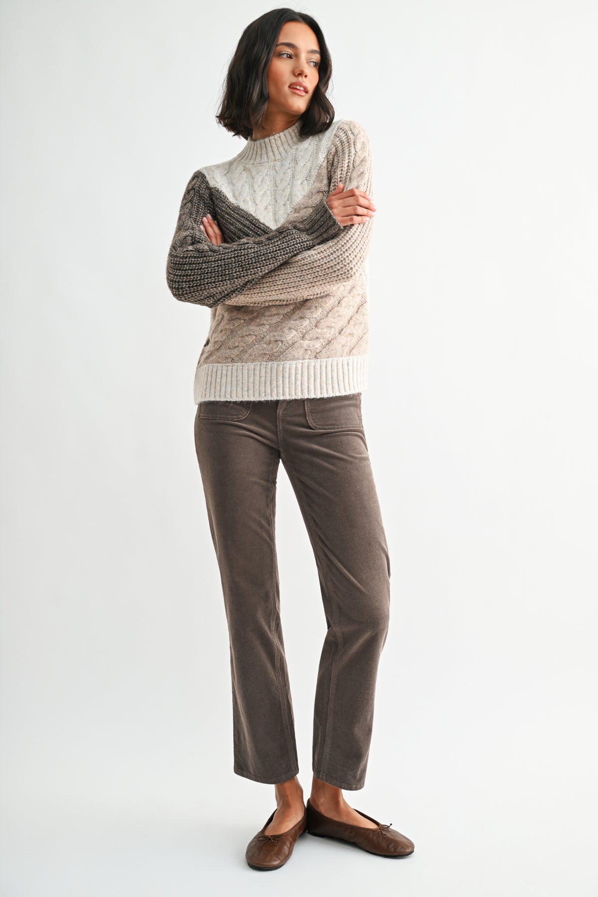 Taupe Multi Long Sleeve Patchwork Cable Sweater
