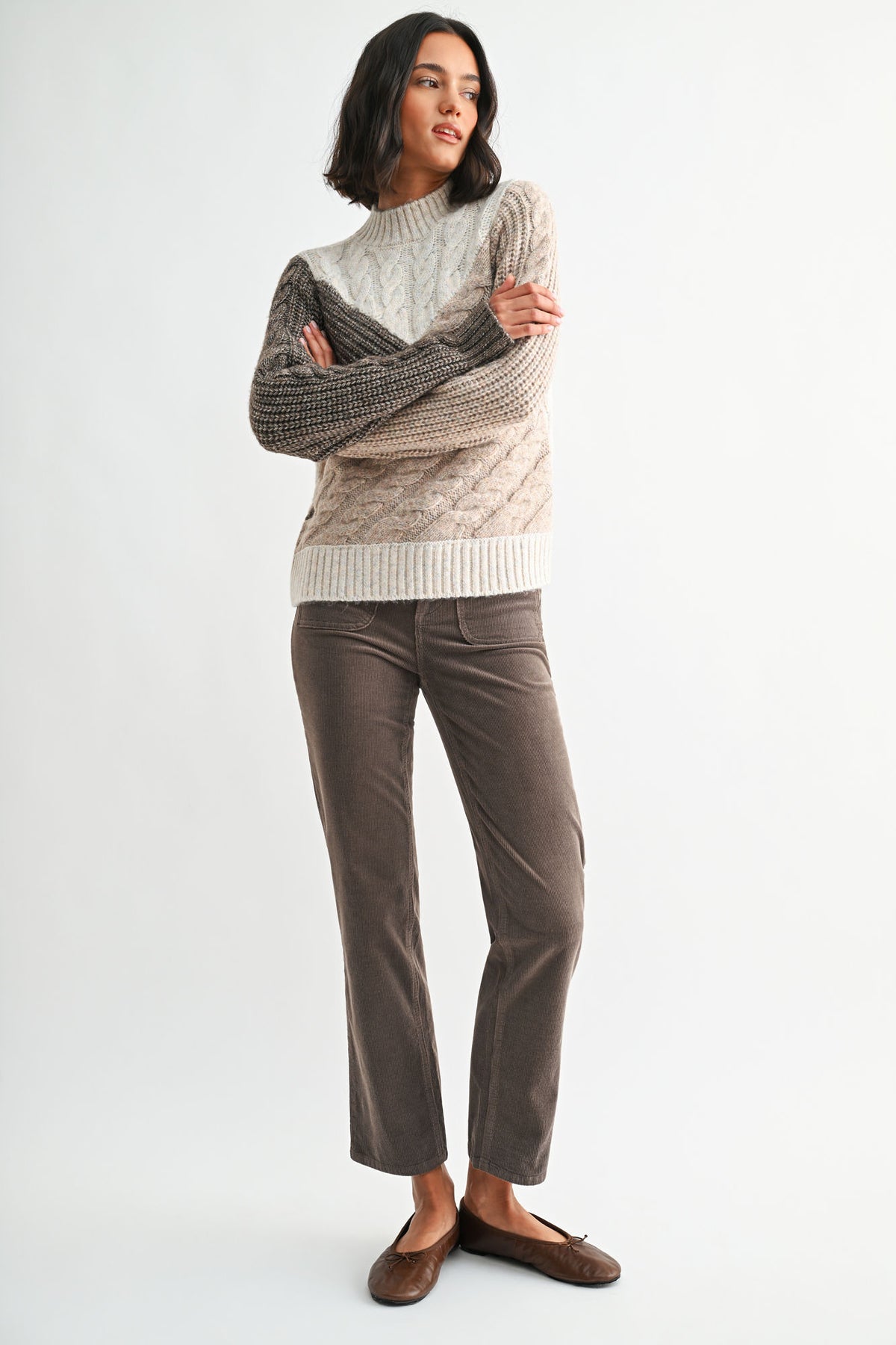 Taupe Multi Long Sleeve Patchwork Cable Sweater