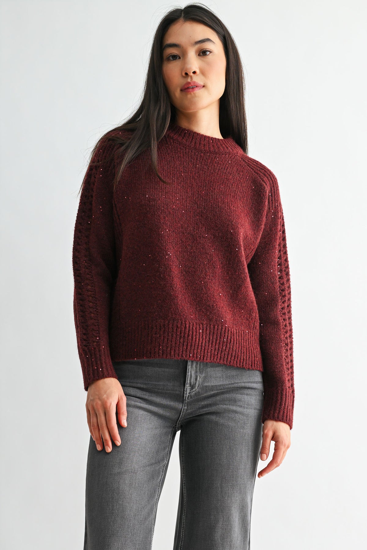 Burgundy Petite Long Sleeve Mock Neck Sweater