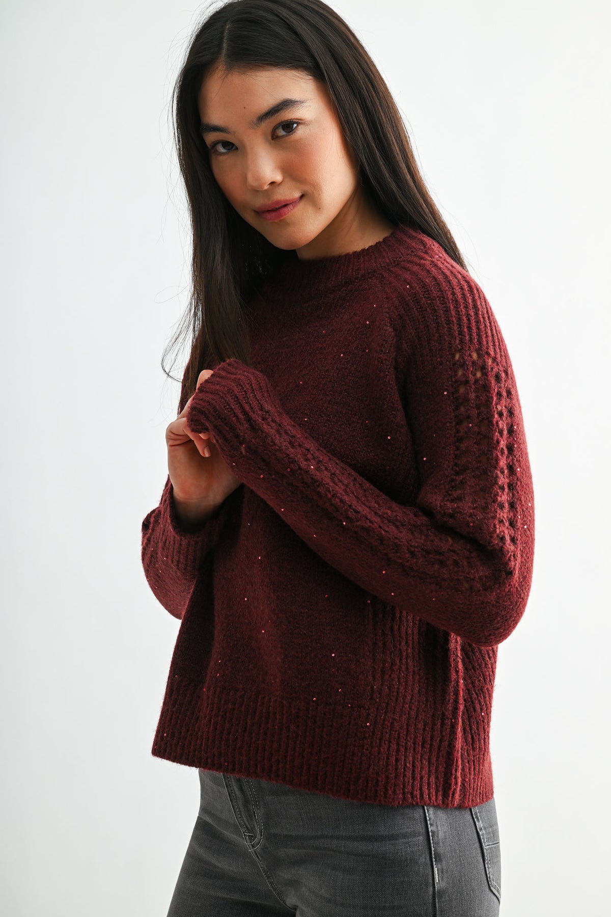 Burgundy Sleeve Mock Neck Sweater