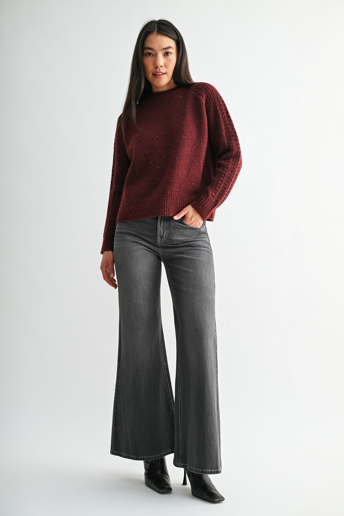 Burgundy Petite Long Sleeve Mock Neck Sweater