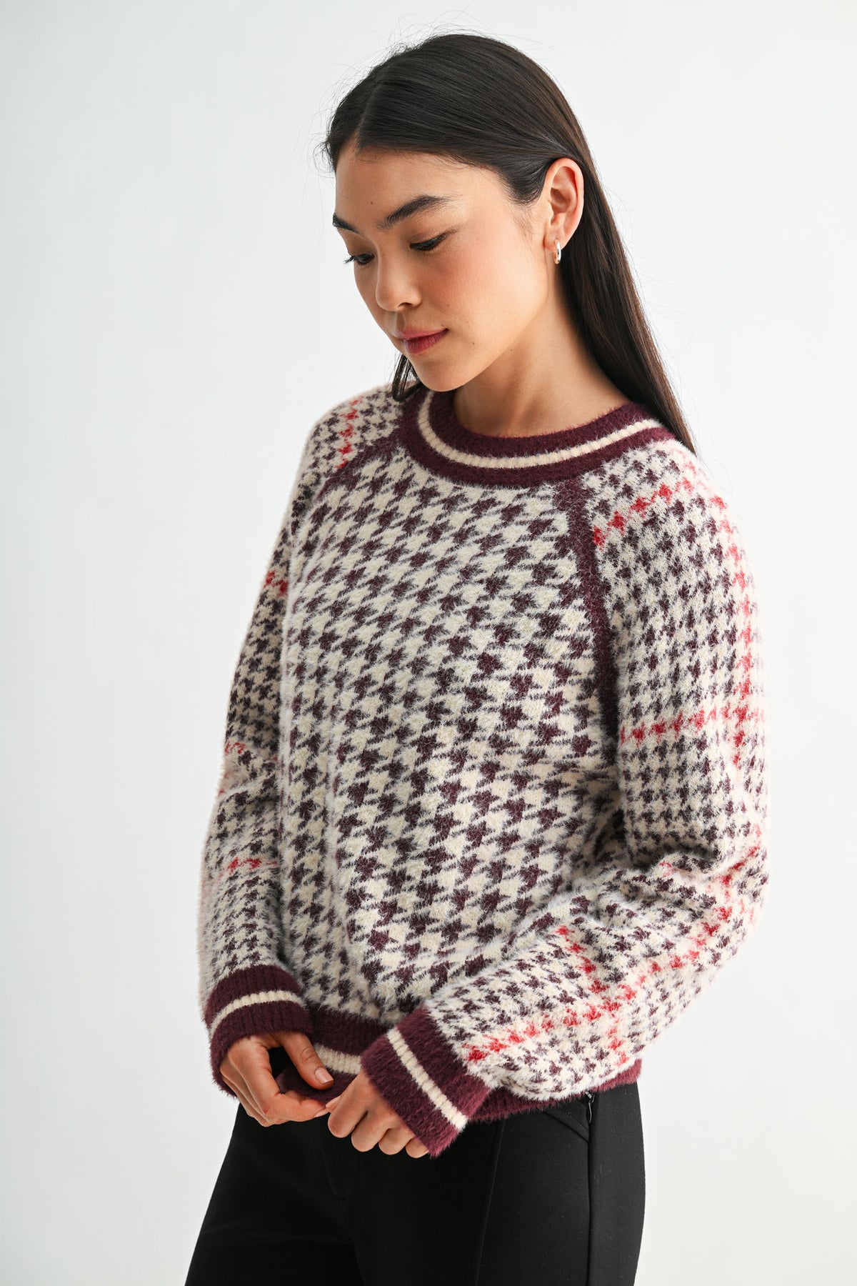 Burgundy Petite Long Sleeve Raglan Sleeve Sweater