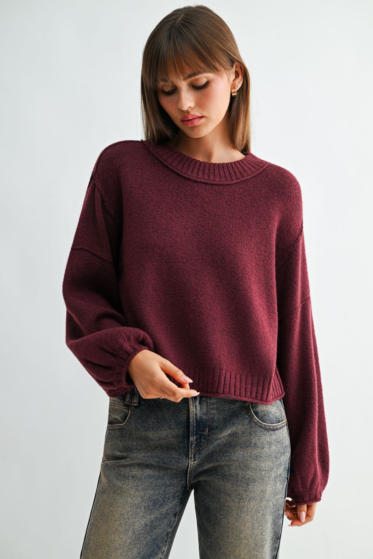 Aubergine Long Bubble Sleeve Crop Sweater