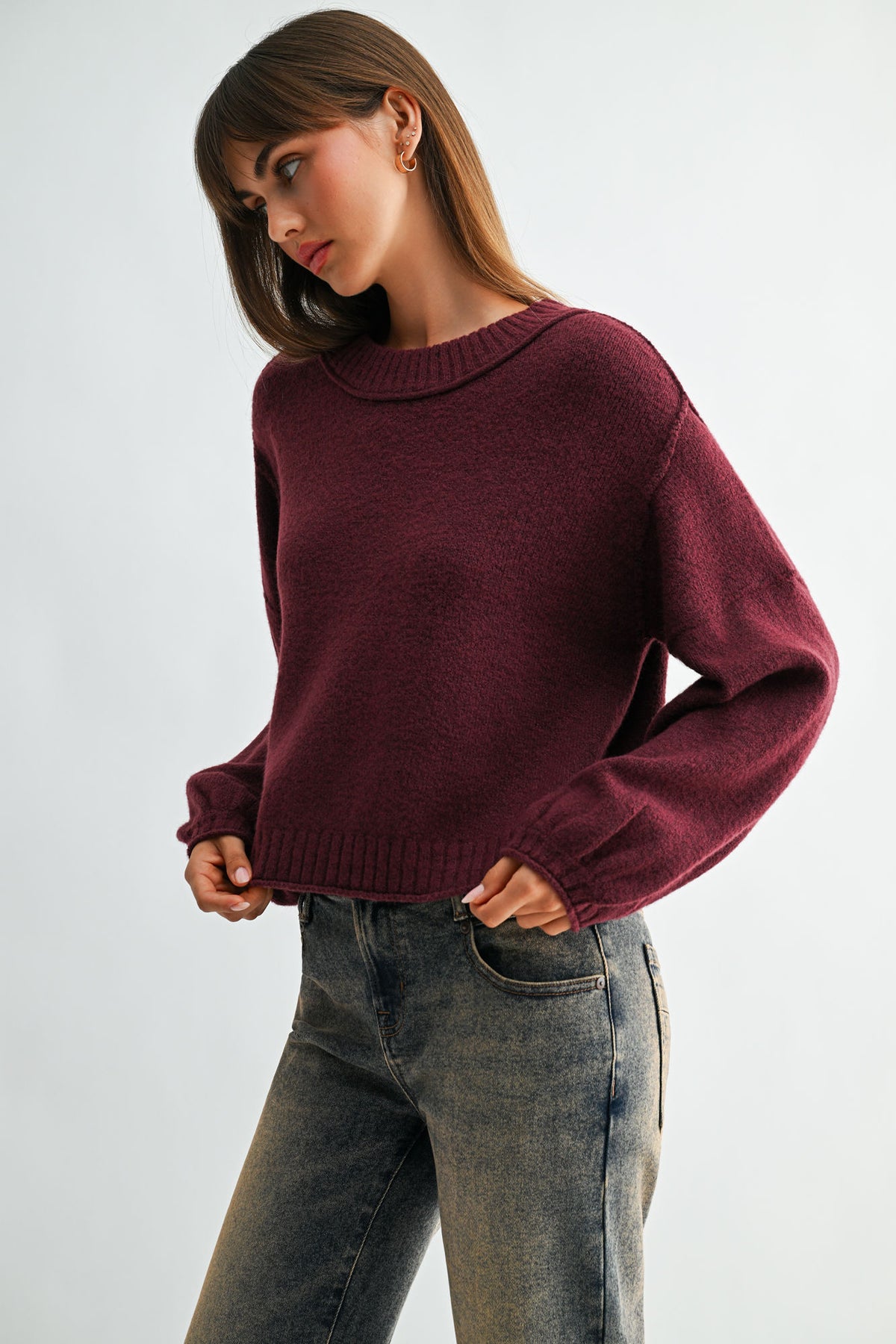 Aubergine Long Bubble Sleeve Crop Sweater