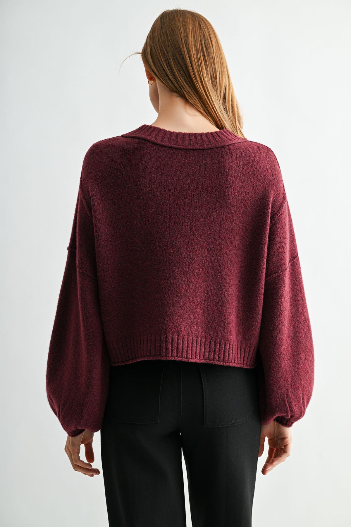 Aubergine Long Bubble Sleeve Crop Sweater