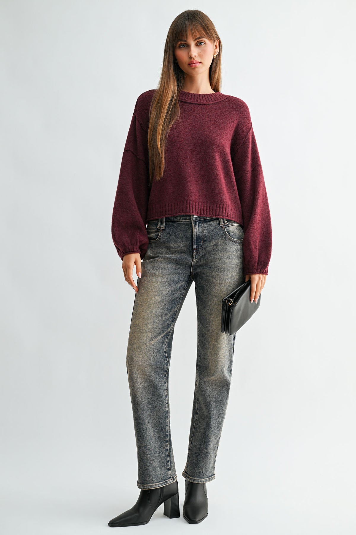 Aubergine Long Bubble Sleeve Crop Sweater