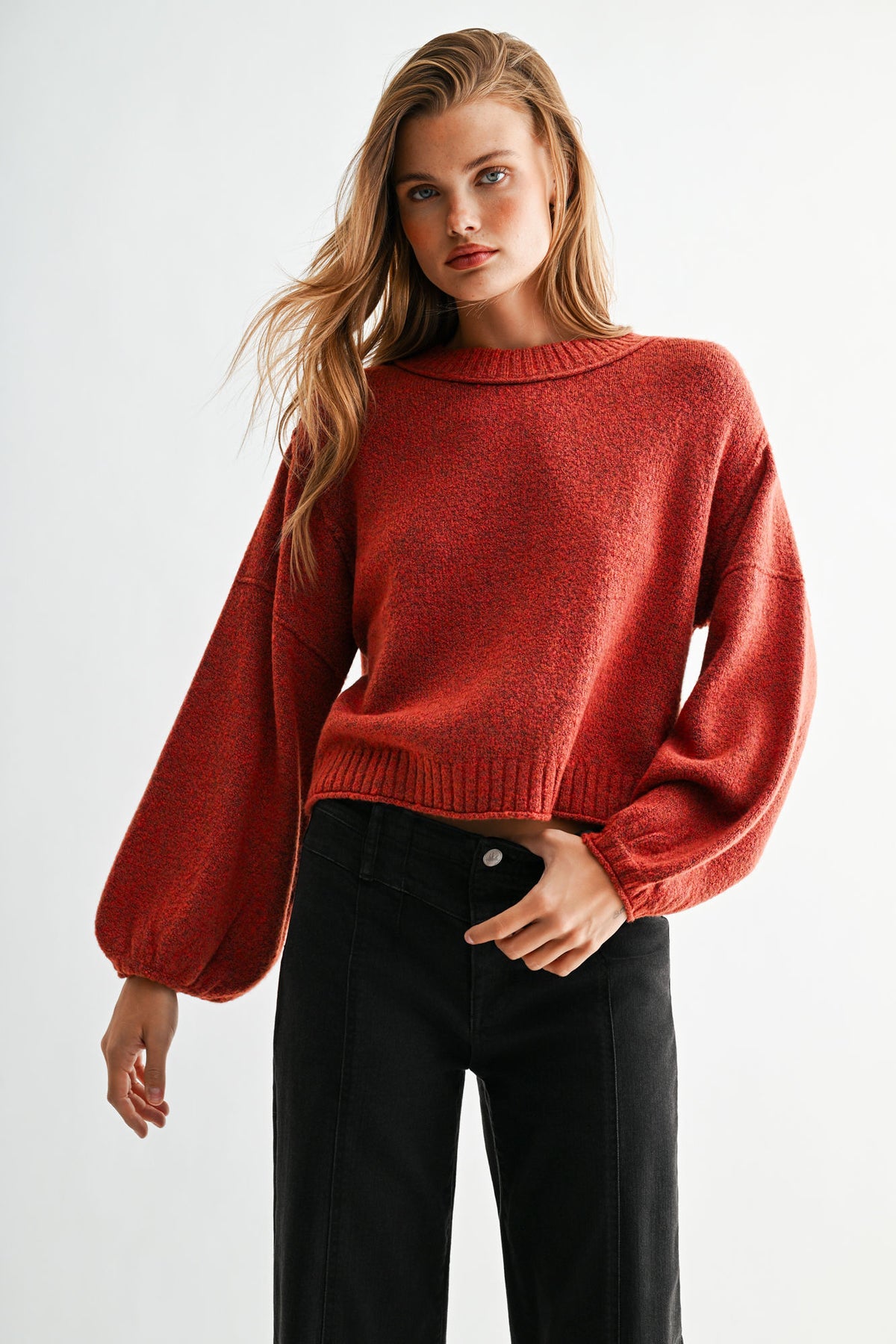 Burnt Rose Long Bubble Sleeve Crop Sweater