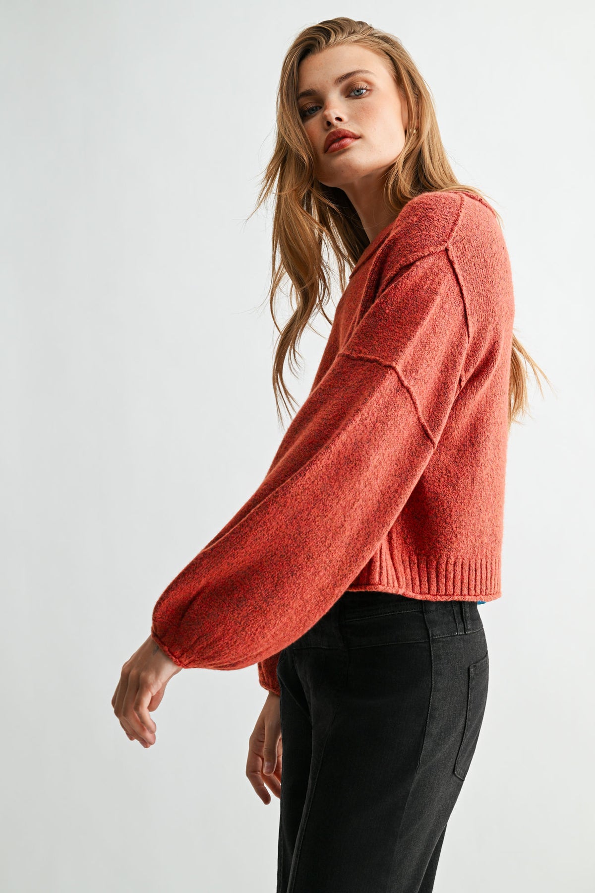 Burnt Rose Long Bubble Sleeve Crop Sweater