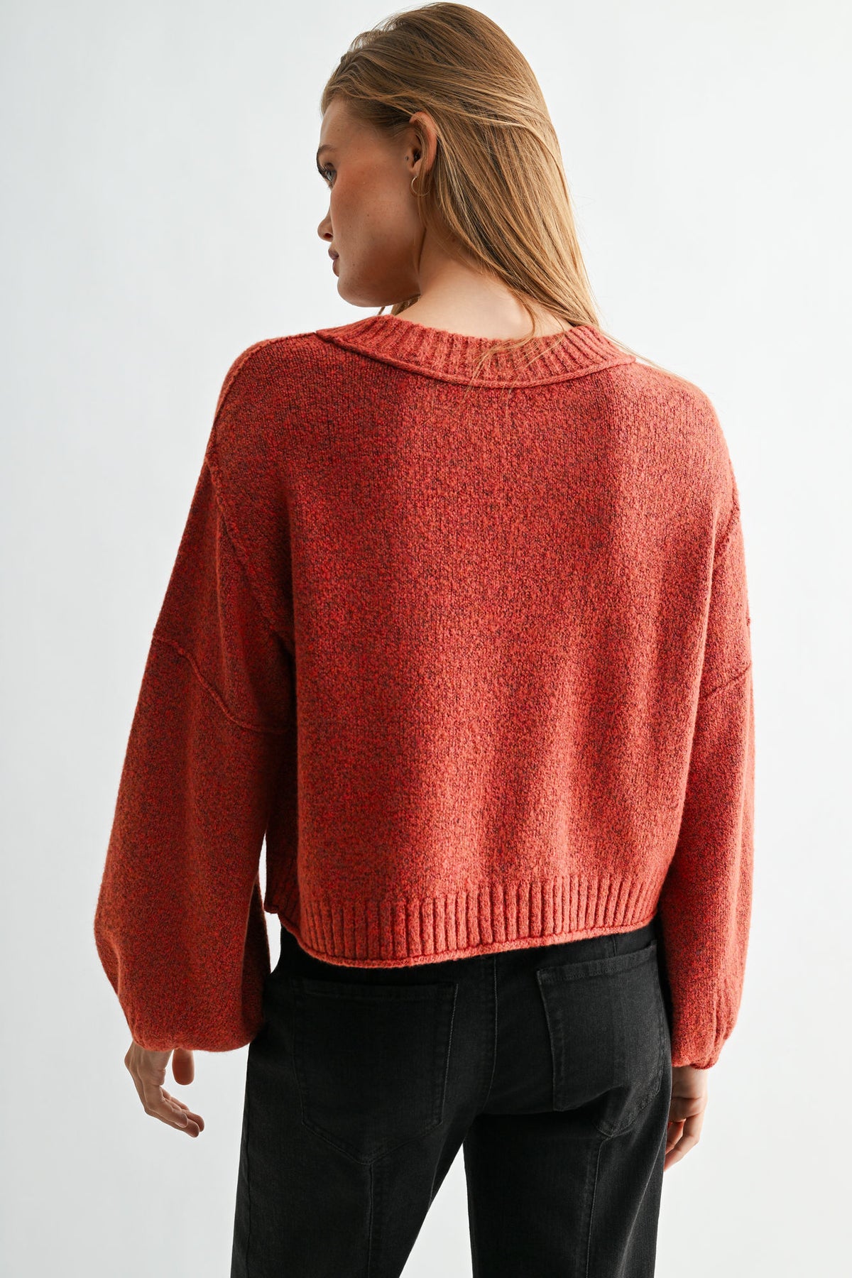 Burnt Rose Long Bubble Sleeve Crop Sweater