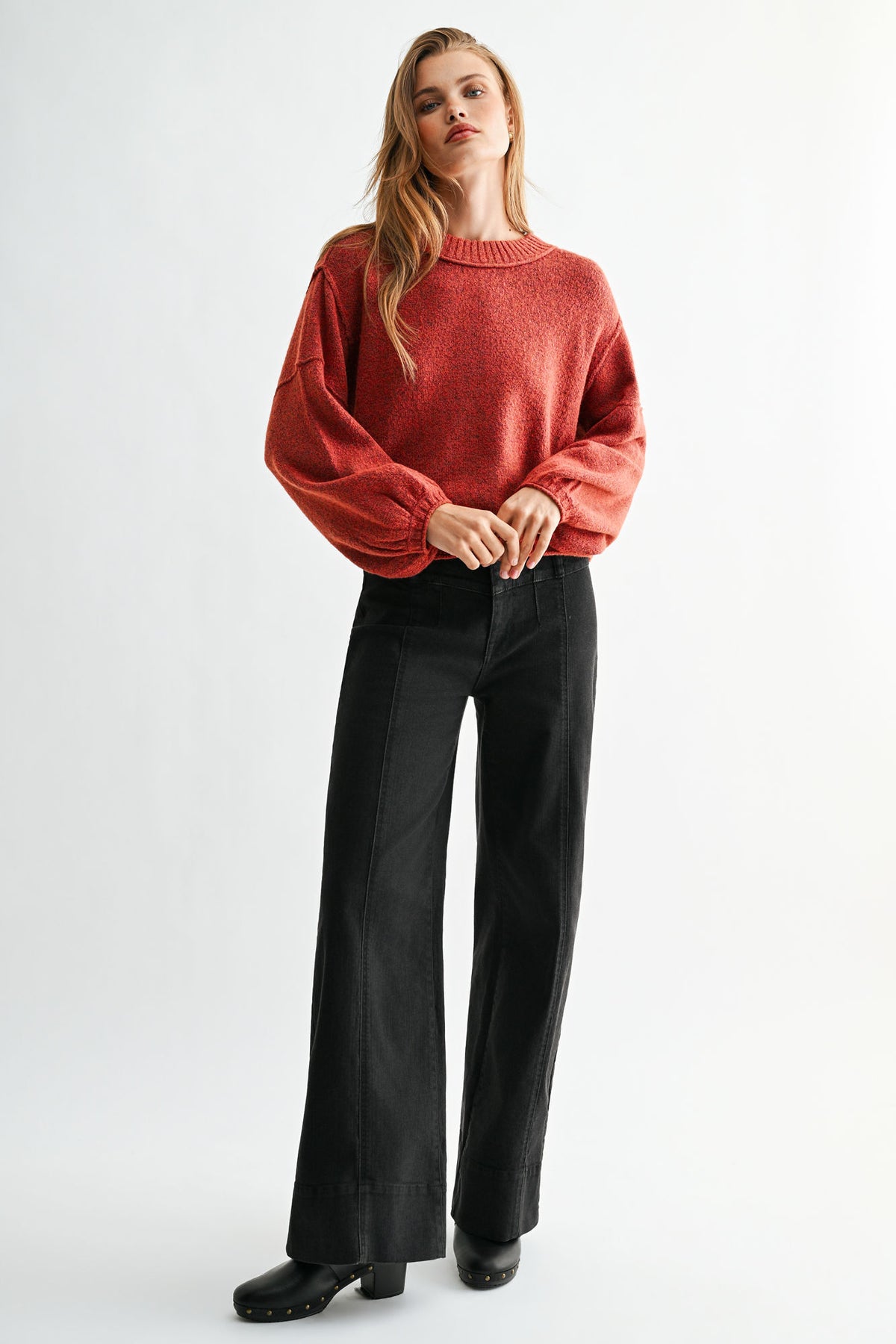 Burnt Rose Long Bubble Sleeve Crop Sweater