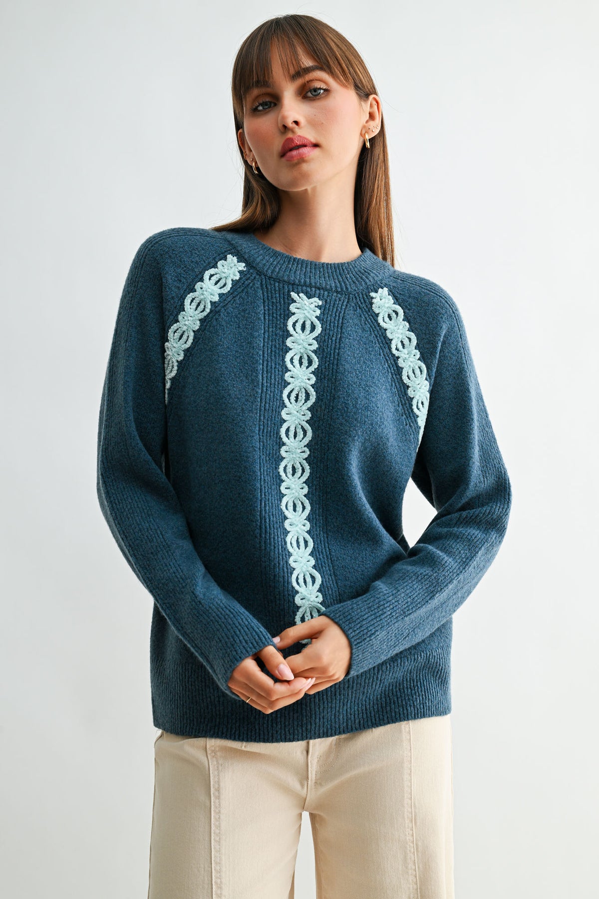 Baltic Blue Long Sleeve Mock Neck Embroidered Sweater