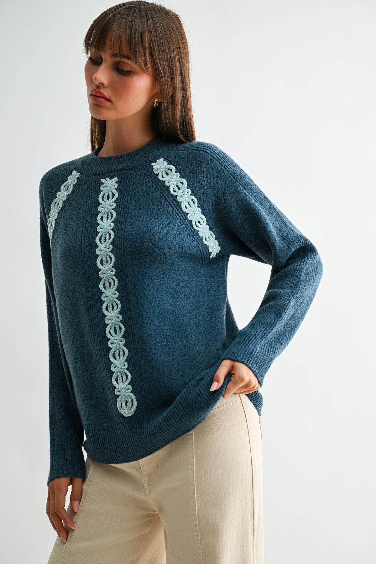 Baltic Blue Long Sleeve Mock Neck Embroidered Sweater