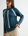 Baltic Blue Long Sleeve Mock Neck Embroidered Sweater