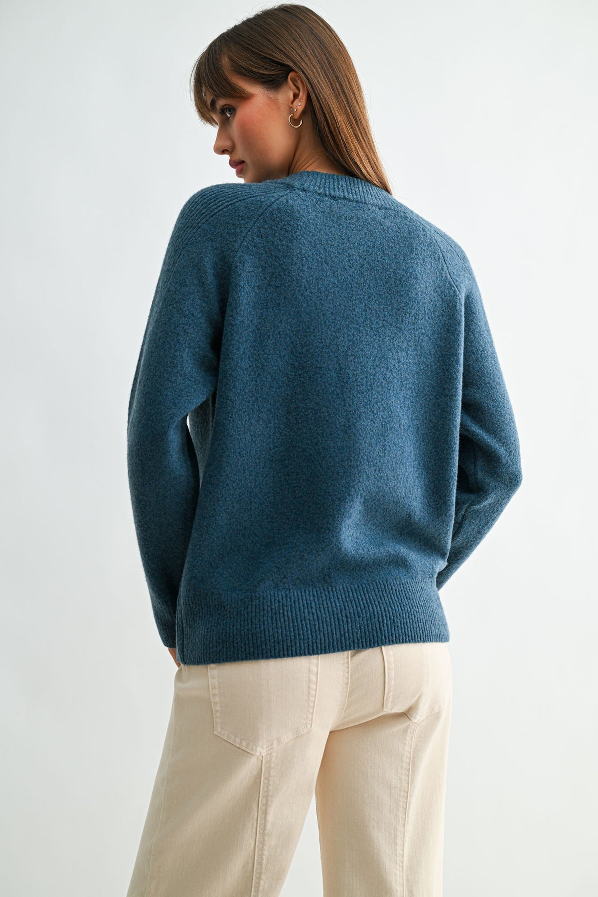 Baltic Blue Long Sleeve Mock Neck Embroidered Sweater