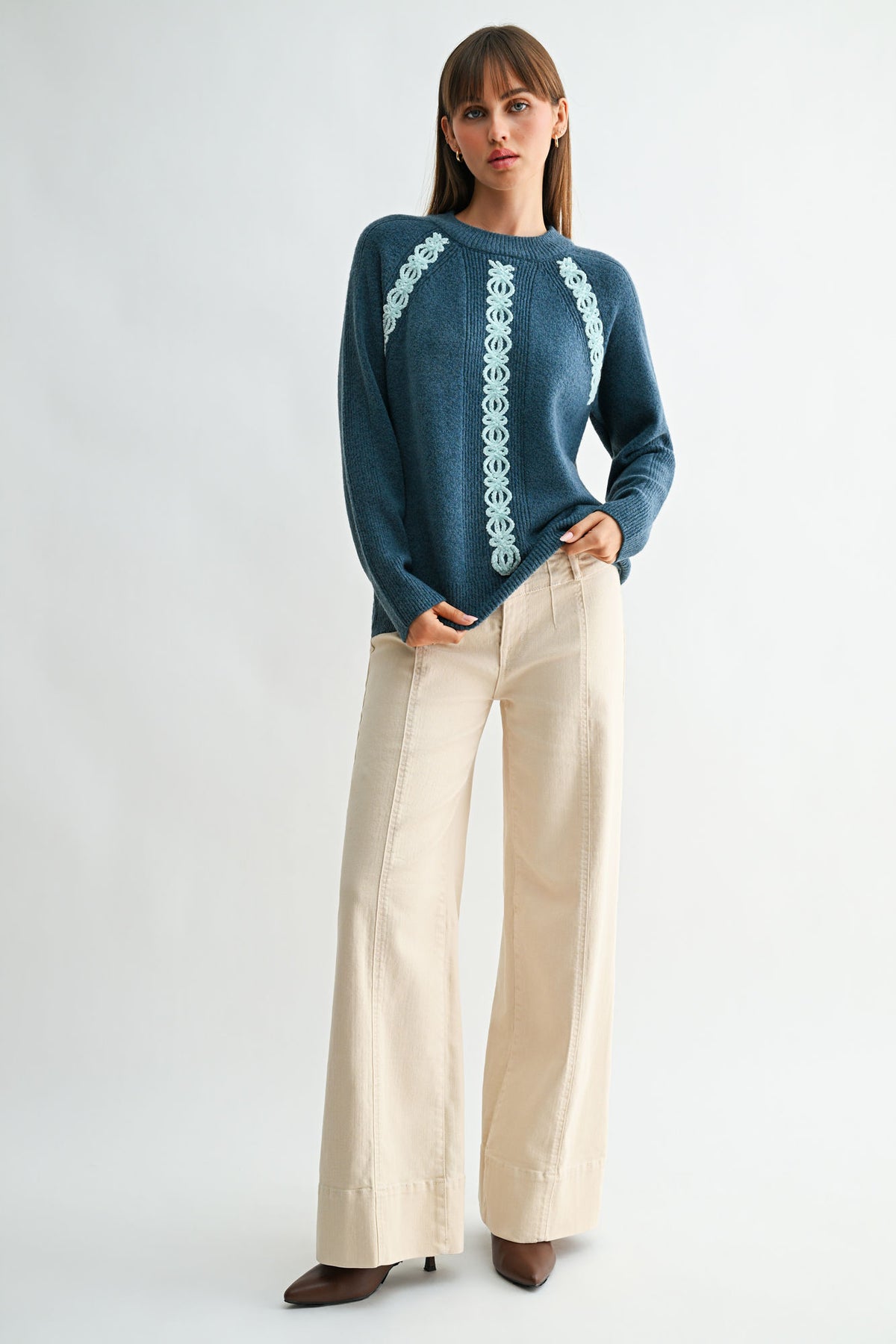 Baltic Blue Long Sleeve Mock Neck Embroidered Sweater