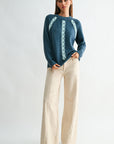 Baltic Blue Long Sleeve Mock Neck Embroidered Sweater