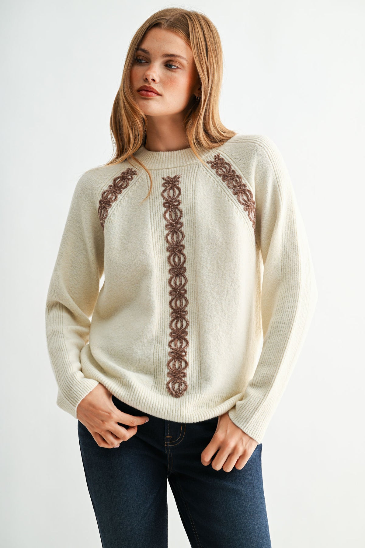 Cream Long Sleeve Mock Neck Embroidered Sweater